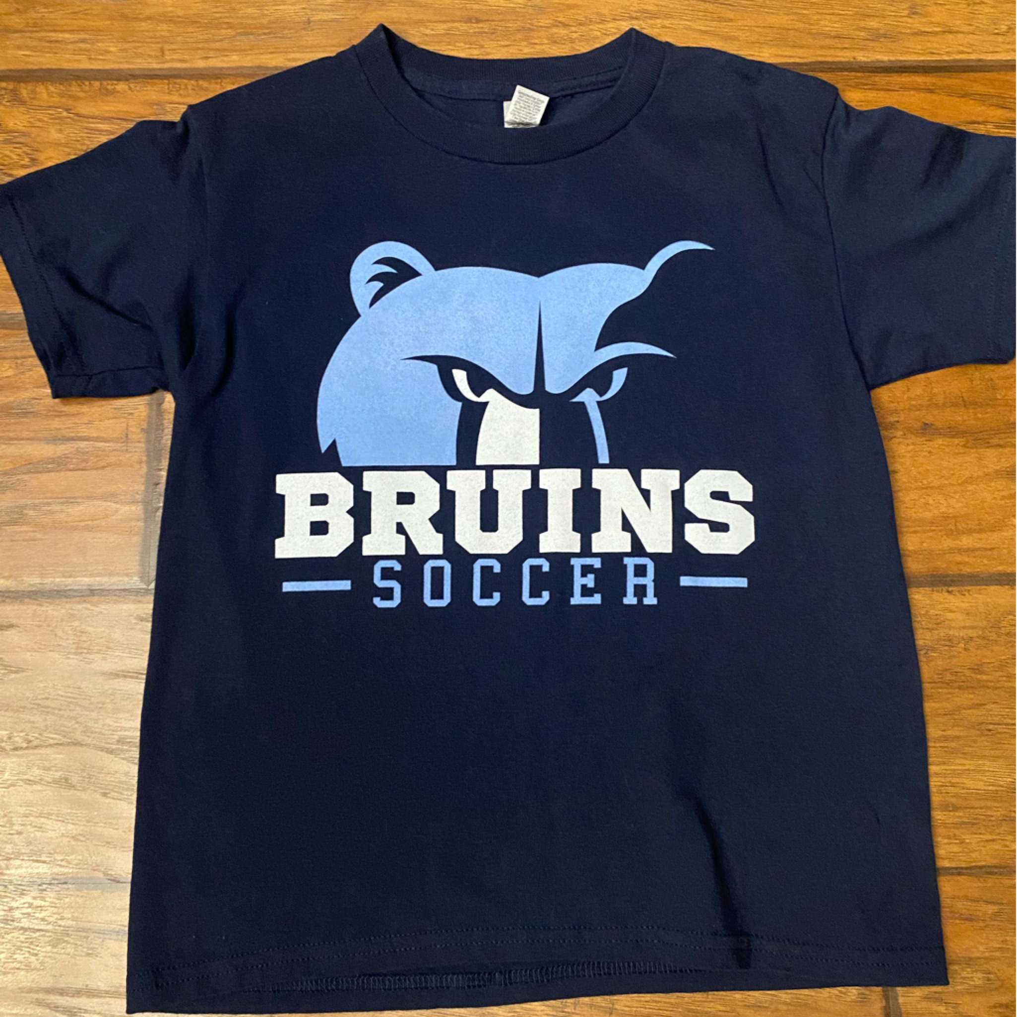 Gildan Navy Blue Kids Tshirt With Light Blue  White Bruins Soccer Graphic
